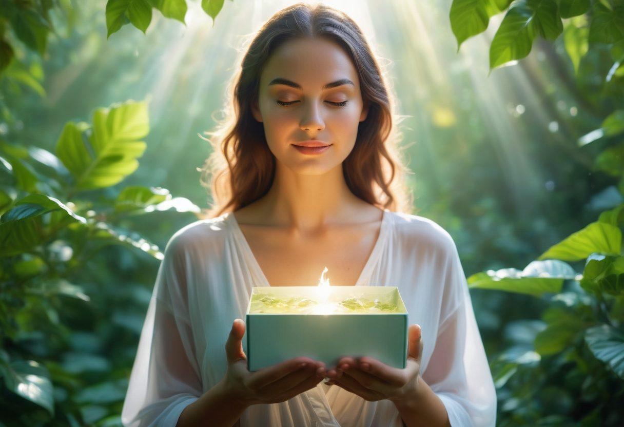 A radiant woman surrounded by a glowing aura, symbolizing inner beauty and wellness, holding a box of Inmunocal with vibrant green leaves and sparkling water in the background. Soft, dreamy light enhances the feeling of health and vitality. The scene should convey a sense of balance between nature and health, with rich colors and ethereal elements. super-realistic. vibrant colors. white background.